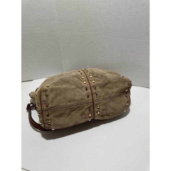 Michael Kors Altor Beige Brown Suede Leather Trim Studded Large Shoulder Bag - Picture 7 of 14